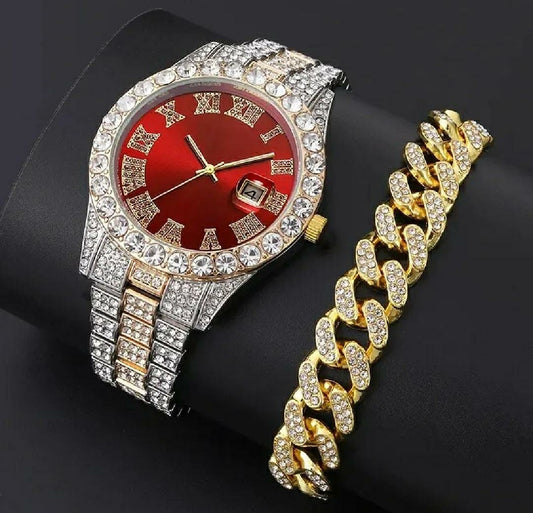 Red dial watch and bracelet set