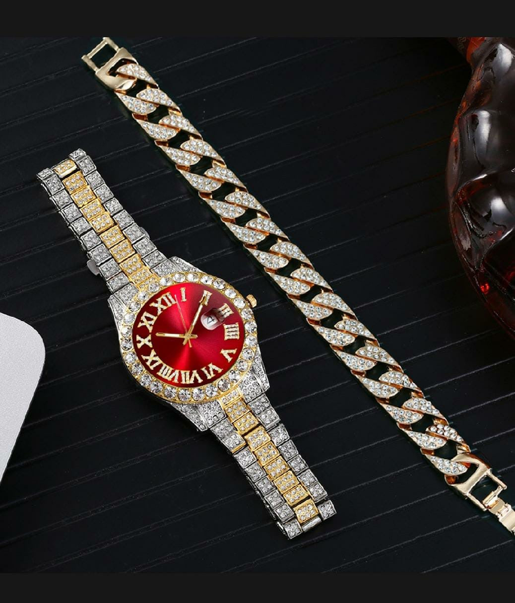 Red dial watch and bracelet set