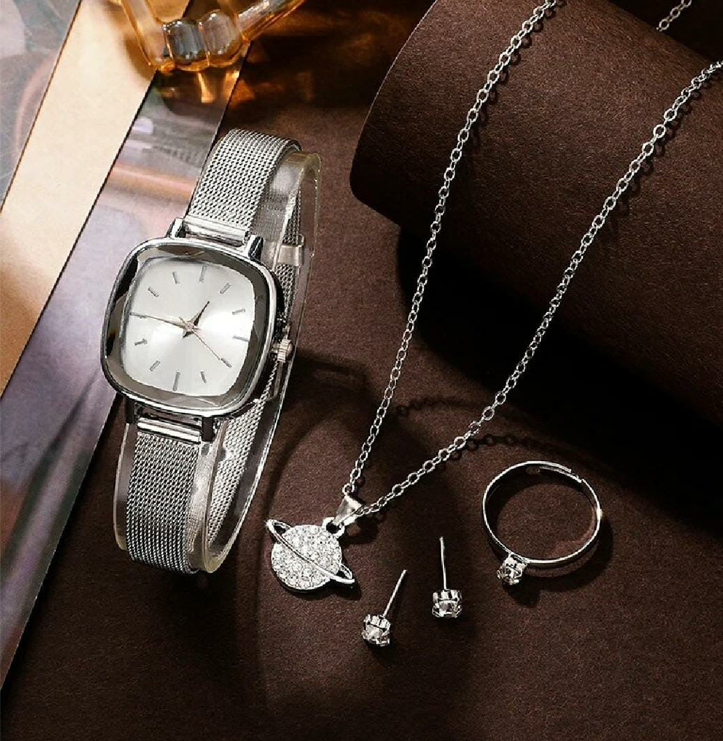 Square silver watch set