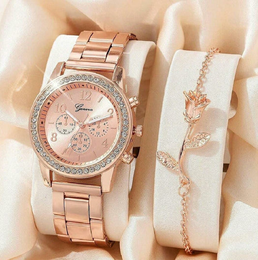 Rose gold watch and bracelet set