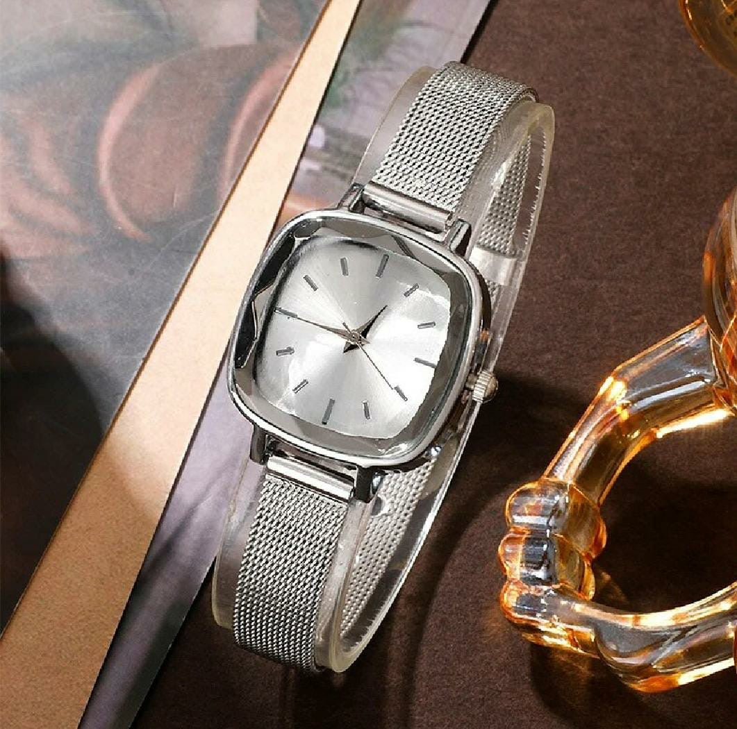 Square silver watch set